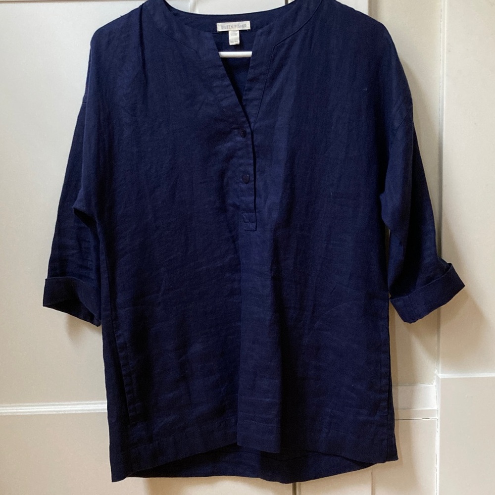 Eileen Fisher Linen Shirt Navy Blue xxs
